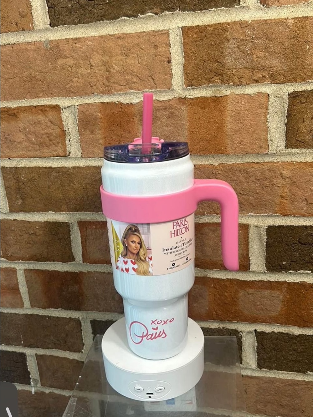 Paris Hilton White Travel Tumbler with Pink Handle & Lid Accents